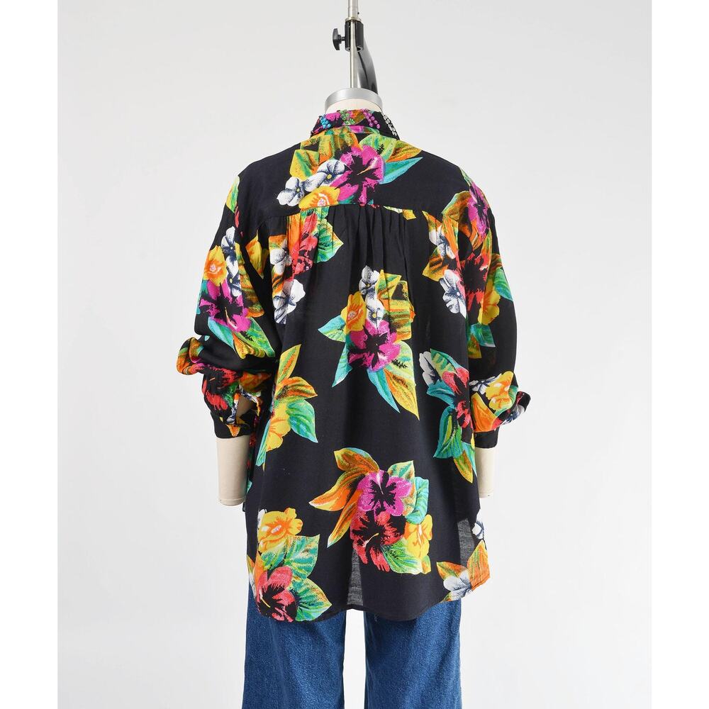 Vintage 90s Black Tropical Floral Beaded Button Down Blouse size L XXL - Picture 6 of 9